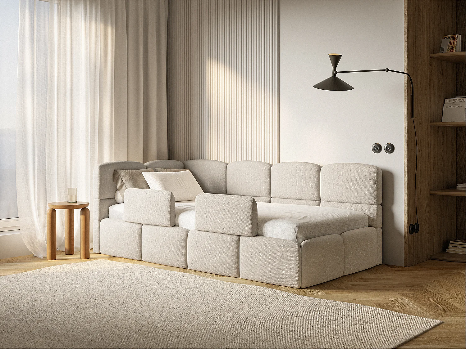 Kinderbett 120x200 Kopfteil links – Matratze & Stauraum – Chenille Cremeweiß – CLOUDY