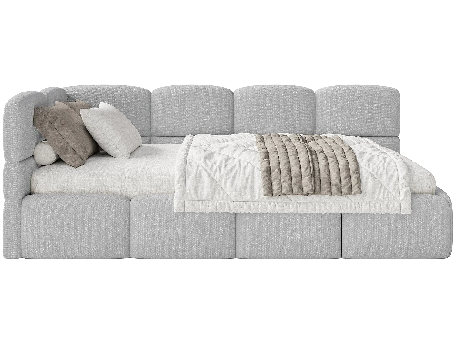 Jugendbett 120x200 Kopfteil links – Matratze & Stauraum – Chenille Hellgrau – CLOUDY