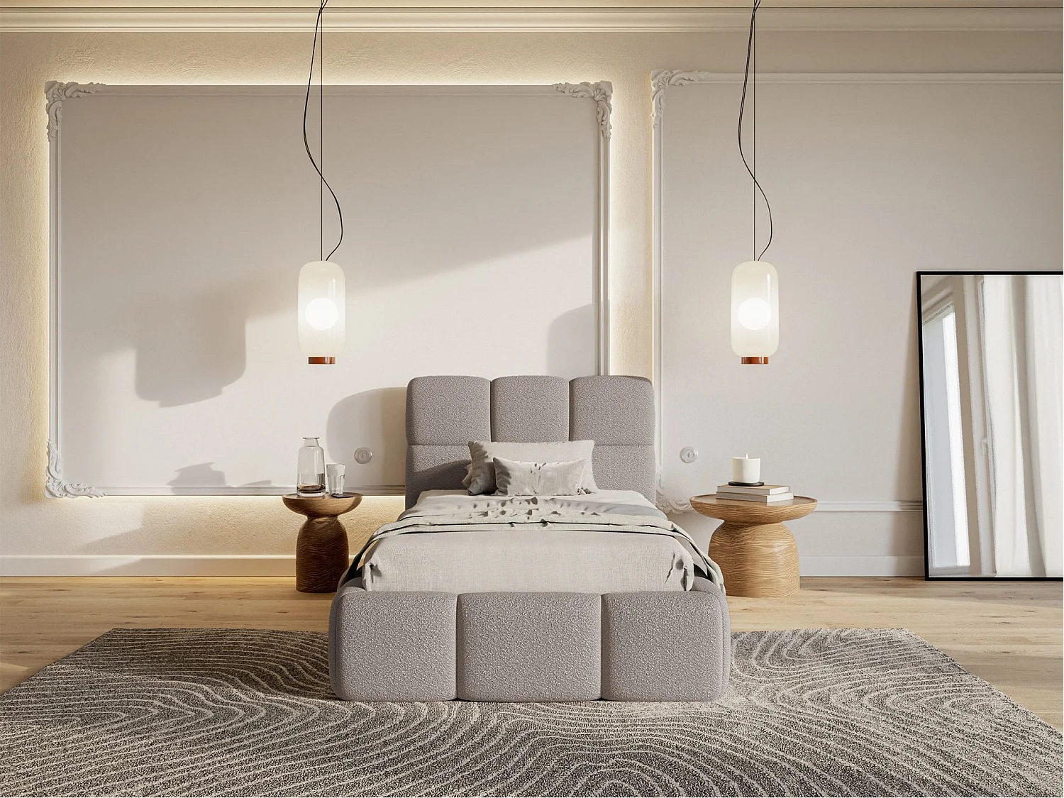 Lit rembourré 90x200 – avec coffre – Bouclé Gris clair – CLOUDY