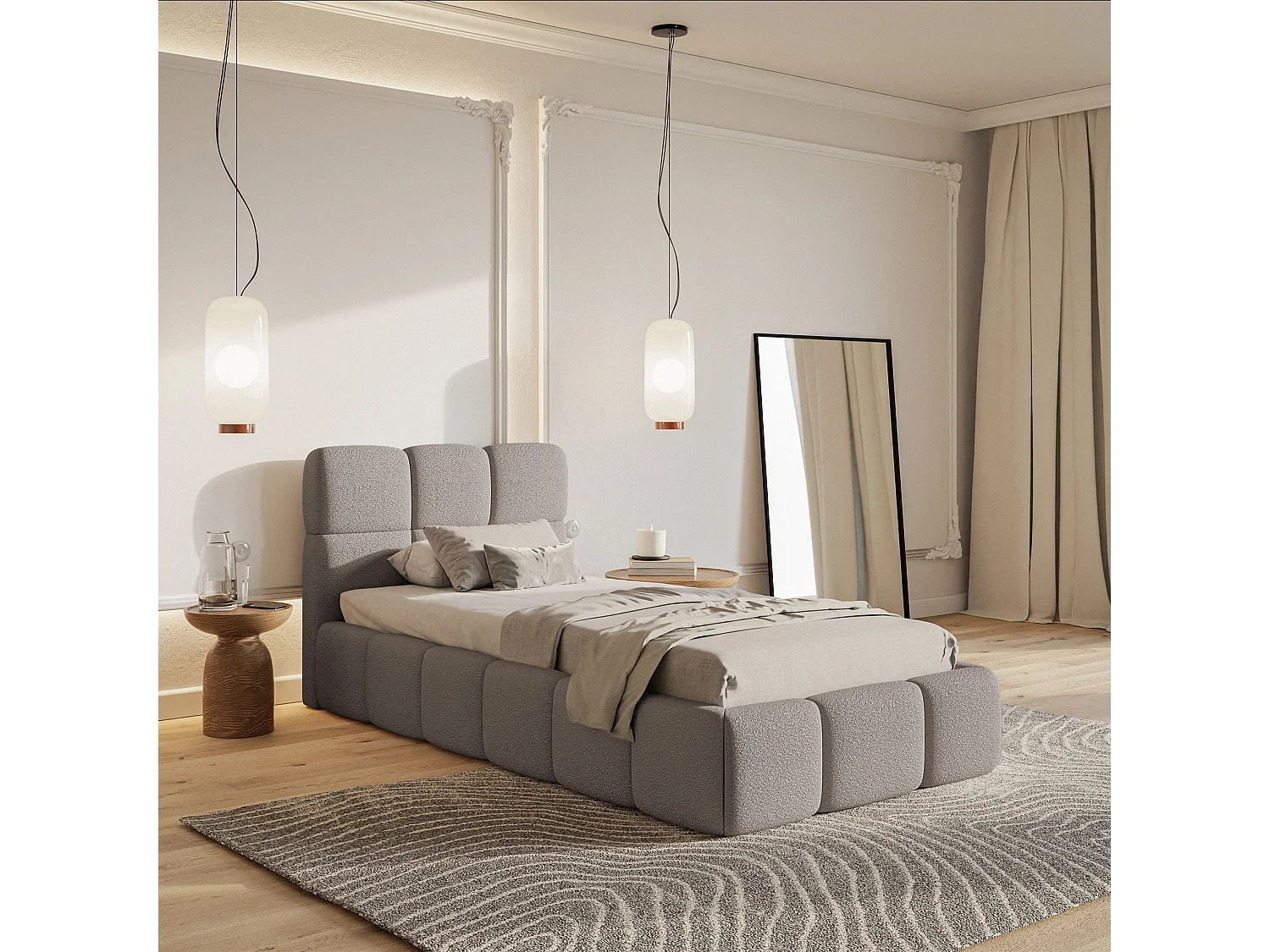 Lit rembourré 90x200 – avec coffre – Bouclé Gris clair – CLOUDY