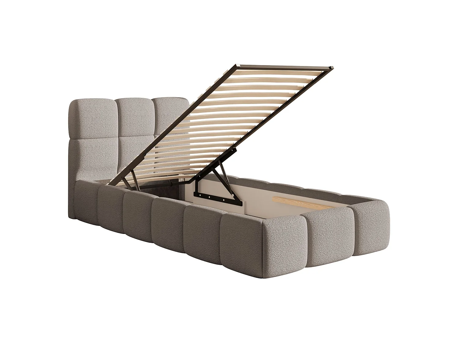 Lit rembourré 90x200 – avec coffre – Bouclé Gris clair – CLOUDY
