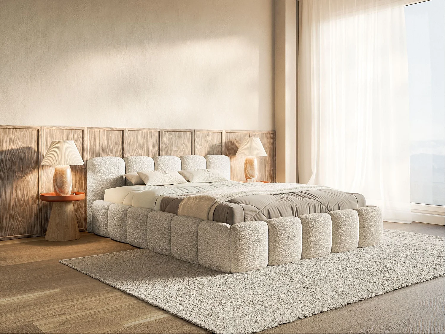 Lit rembourré 120x200 – avec coffre – Bouclé Beige clair – CLOUDY LOW