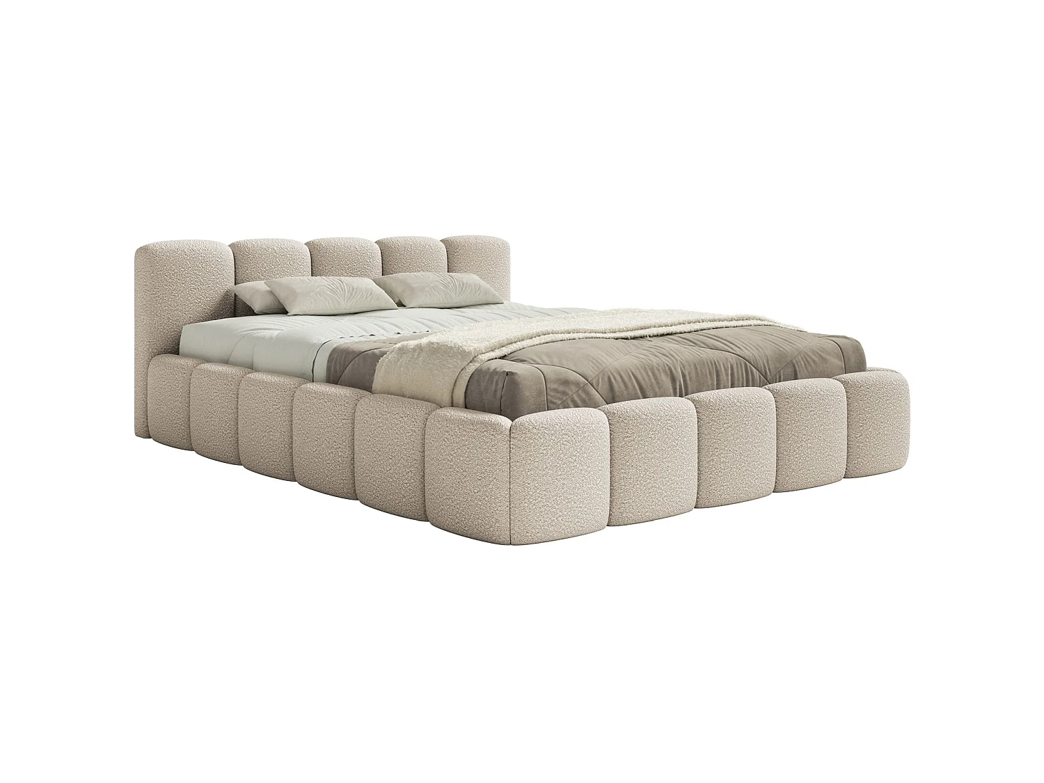 Lit rembourré 120x200 – avec coffre – Bouclé Beige clair – CLOUDY LOW