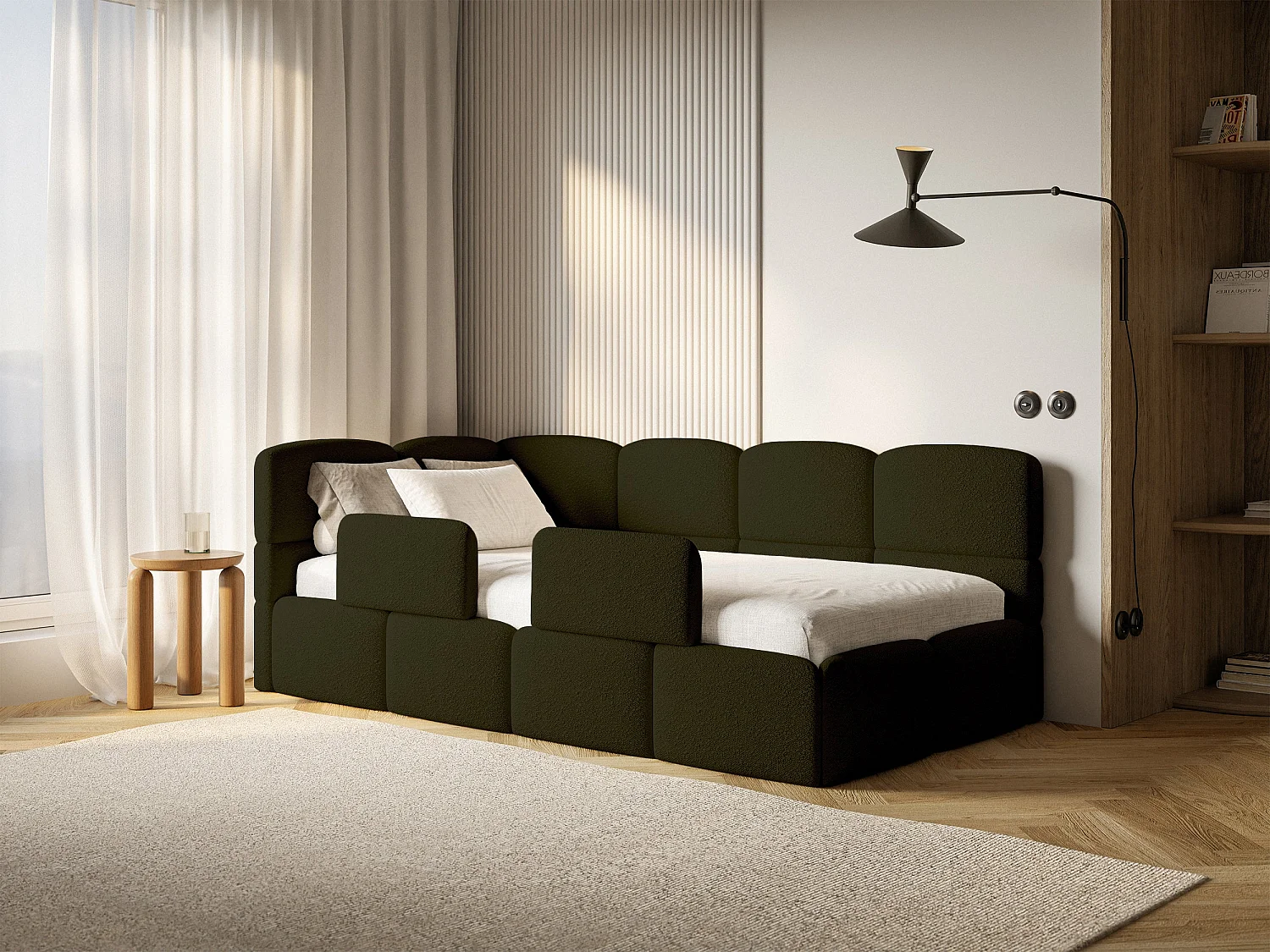 Lit enfant 120x200 cm – tête de lit à gauche – matelas & coffre de rangement – en bouclé vert olive – CLOUDY