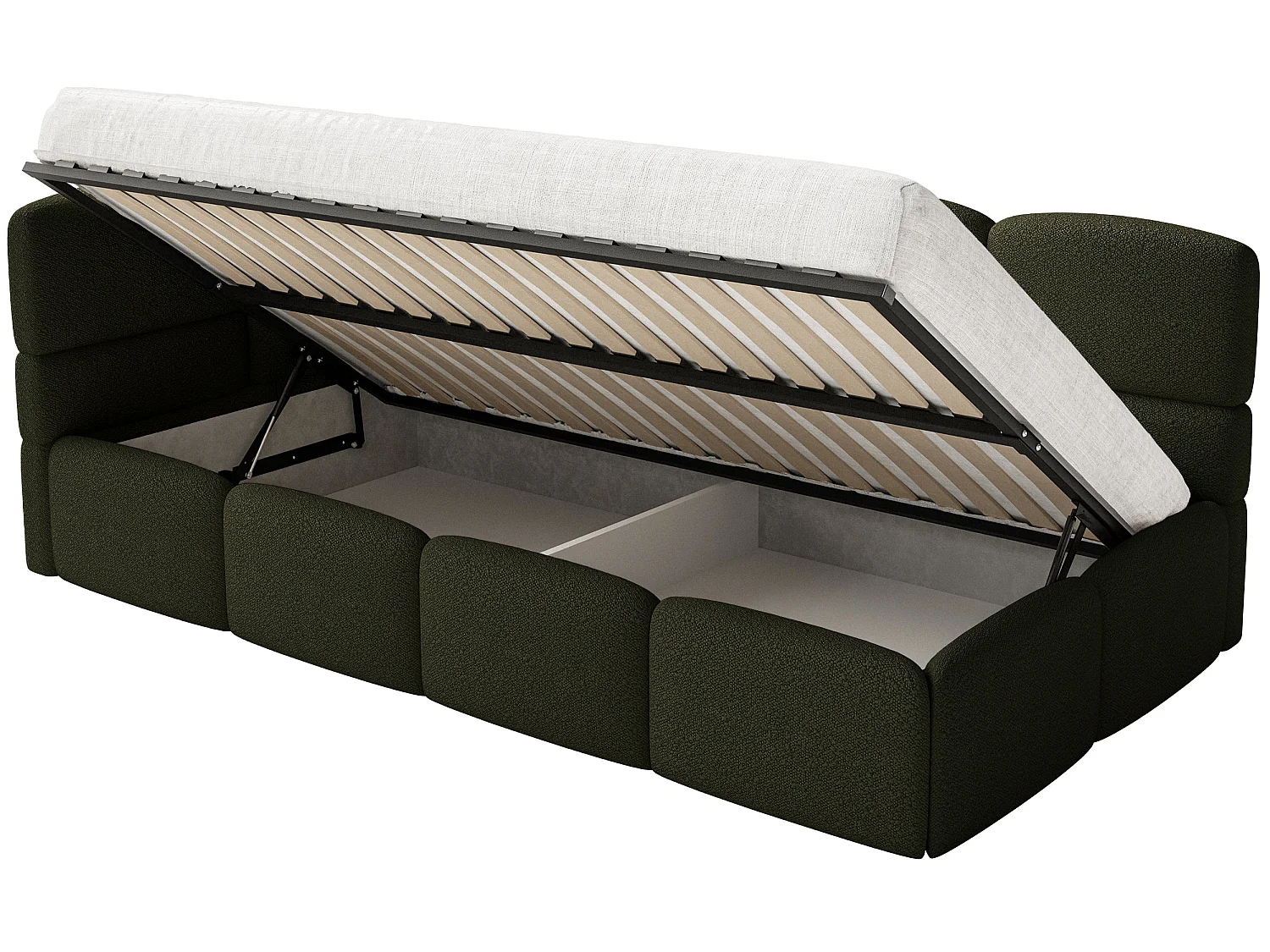 Lit enfant 120x200 cm – tête de lit à gauche – matelas & coffre de rangement – en bouclé vert olive – CLOUDY