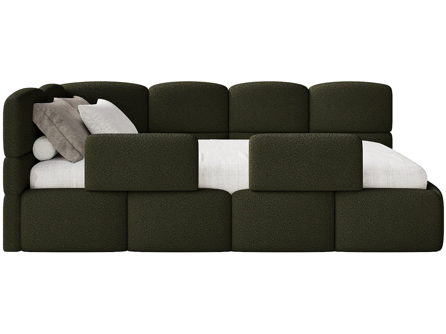 Lit enfant 120x200 cm – tête de lit à gauche – matelas & coffre de rangement – en bouclé vert olive – CLOUDY