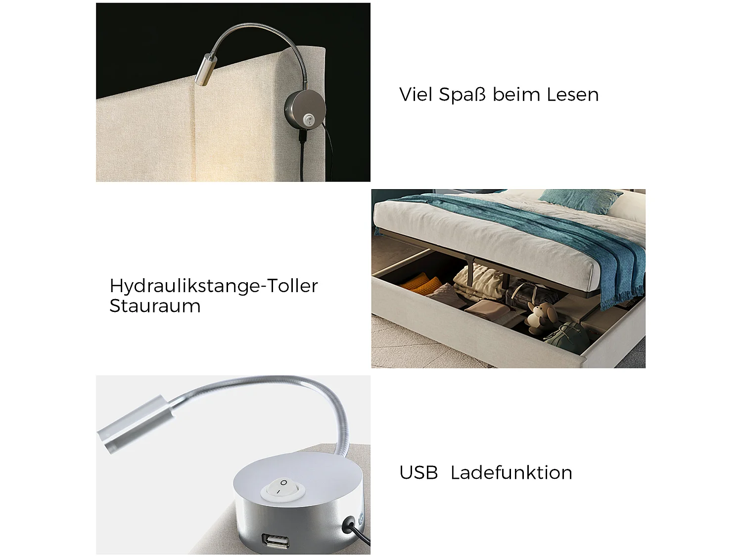 Lit double coffre capitonné 160x200 cm - avec éclairage LED - avec ports USB - avec sommier à lattes - tissu lin - beige