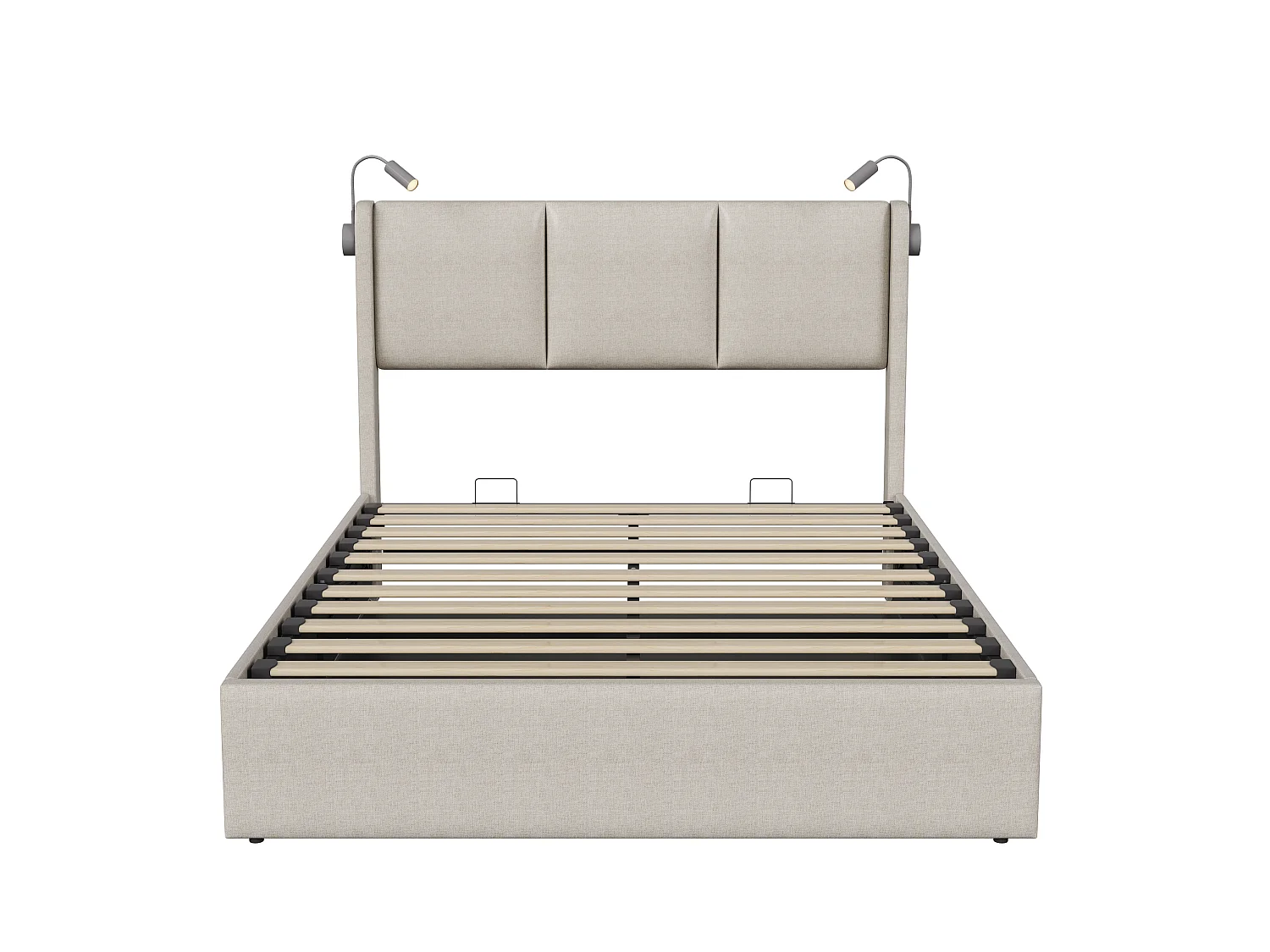 Lit double coffre capitonné 160x200 cm - avec éclairage LED - avec ports USB - avec sommier à lattes - tissu lin - beige