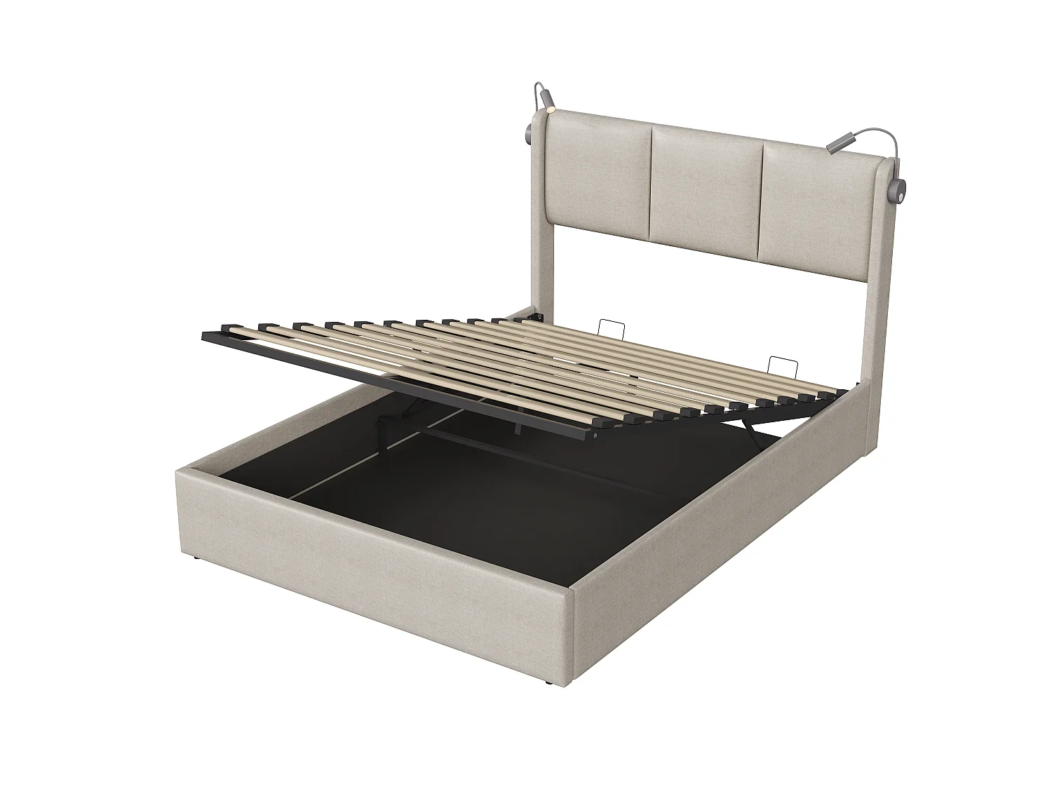 Lit double coffre capitonné 160x200 cm - avec éclairage LED - avec ports USB - avec sommier à lattes - tissu lin - beige