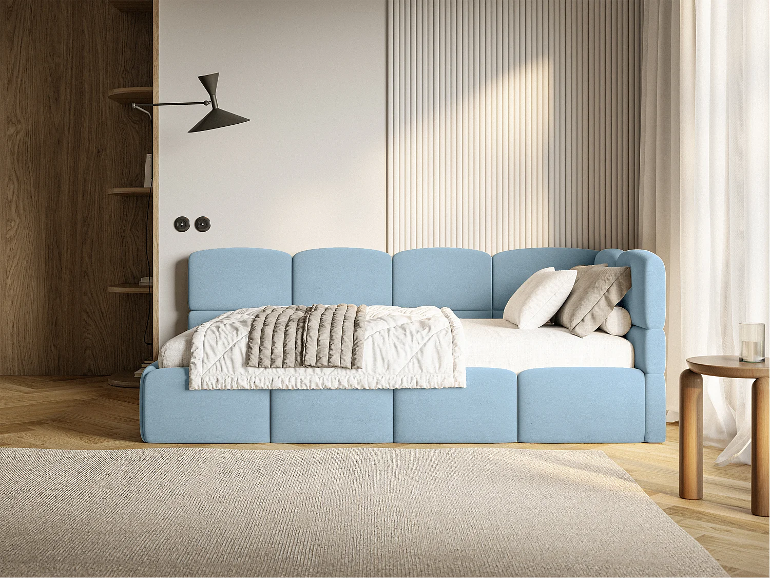 Lit ado 90x200 avec matelas – tête de lit à droite – velours Bleu clair – CLOUDY