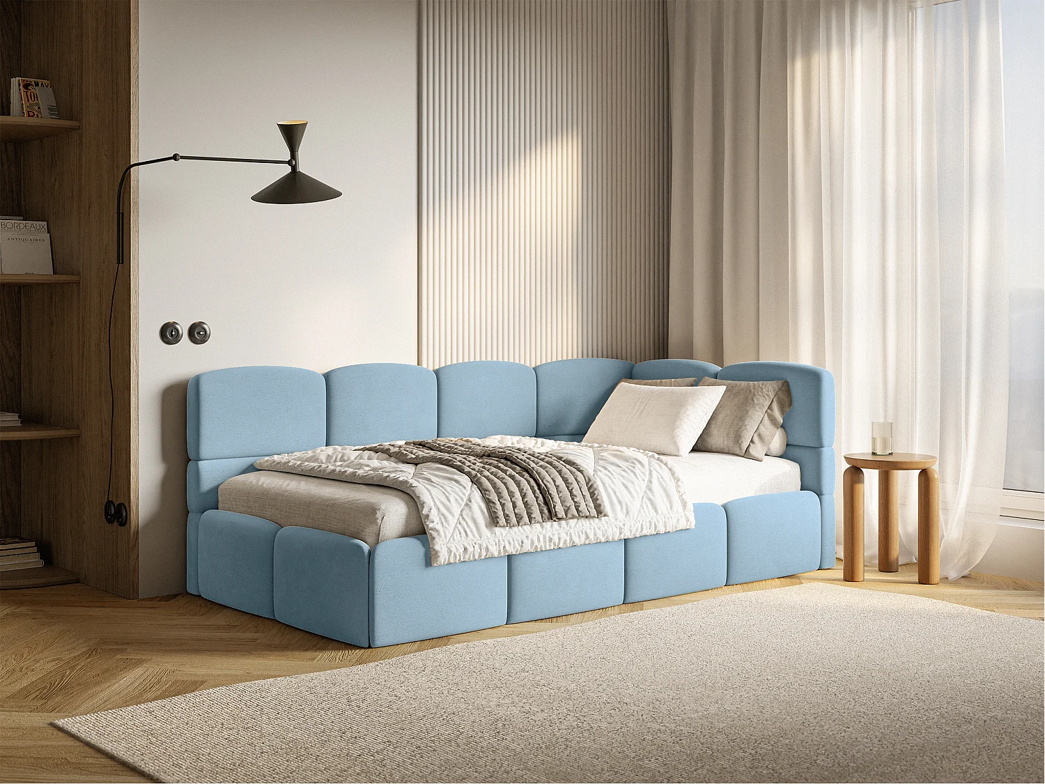 Lit ado 90x200 avec matelas – tête de lit à droite – velours Bleu clair – CLOUDY