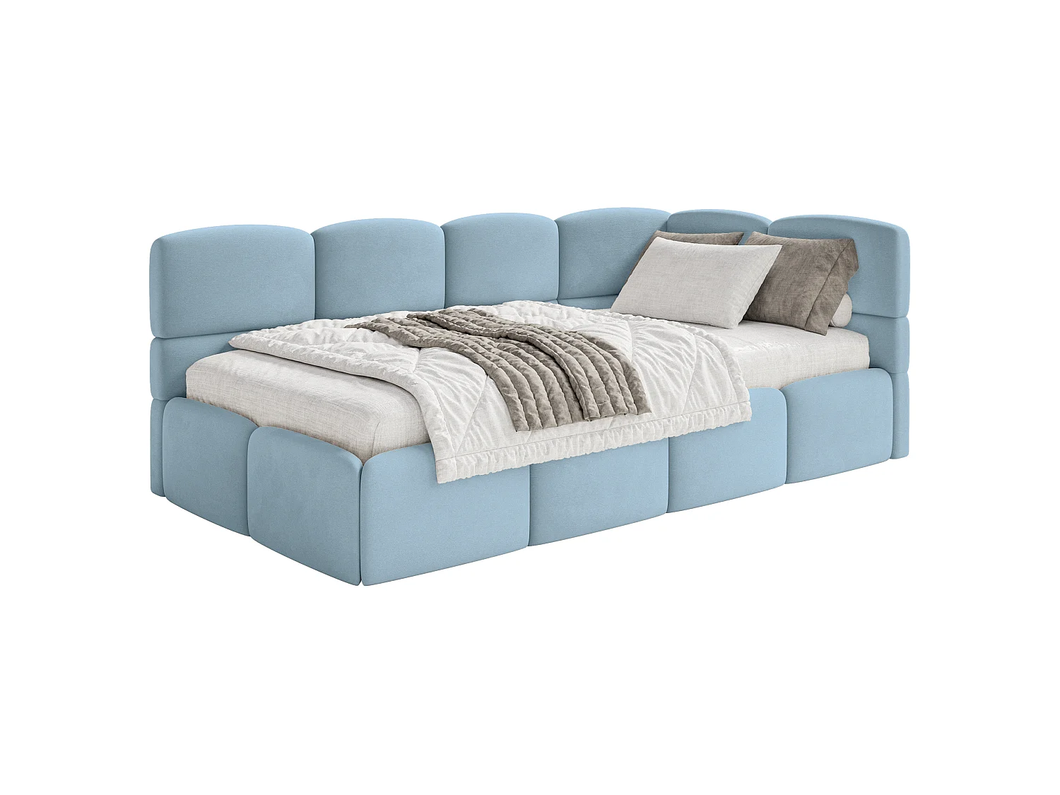 Lit ado 90x200 avec matelas – tête de lit à droite – velours Bleu clair – CLOUDY