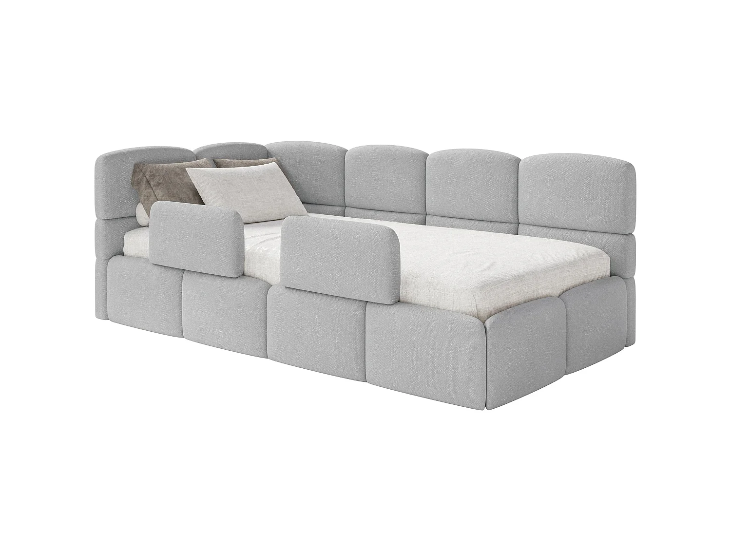 Kinderbett 120x200 Kopfteil links – Matratze & Stauraum – Chenille Hellgrau – CLOUDY