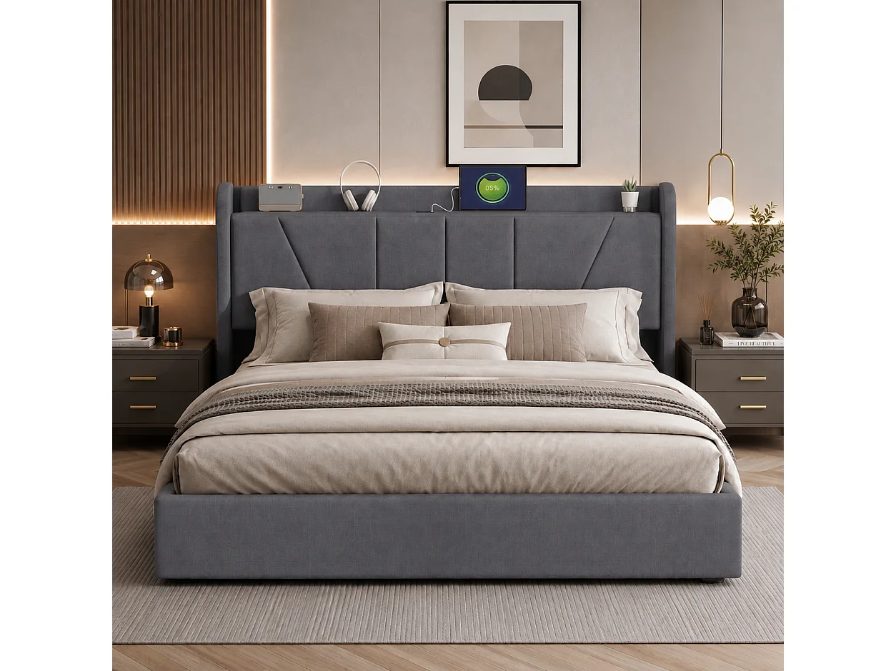 Lit Coffre 140x200 cm avec Rangement, Lit Double Rembourré avec Port 2 USB de Type C, Cadre de LIt adulte avec sommier à Lattes, Tête de Lit, Gris