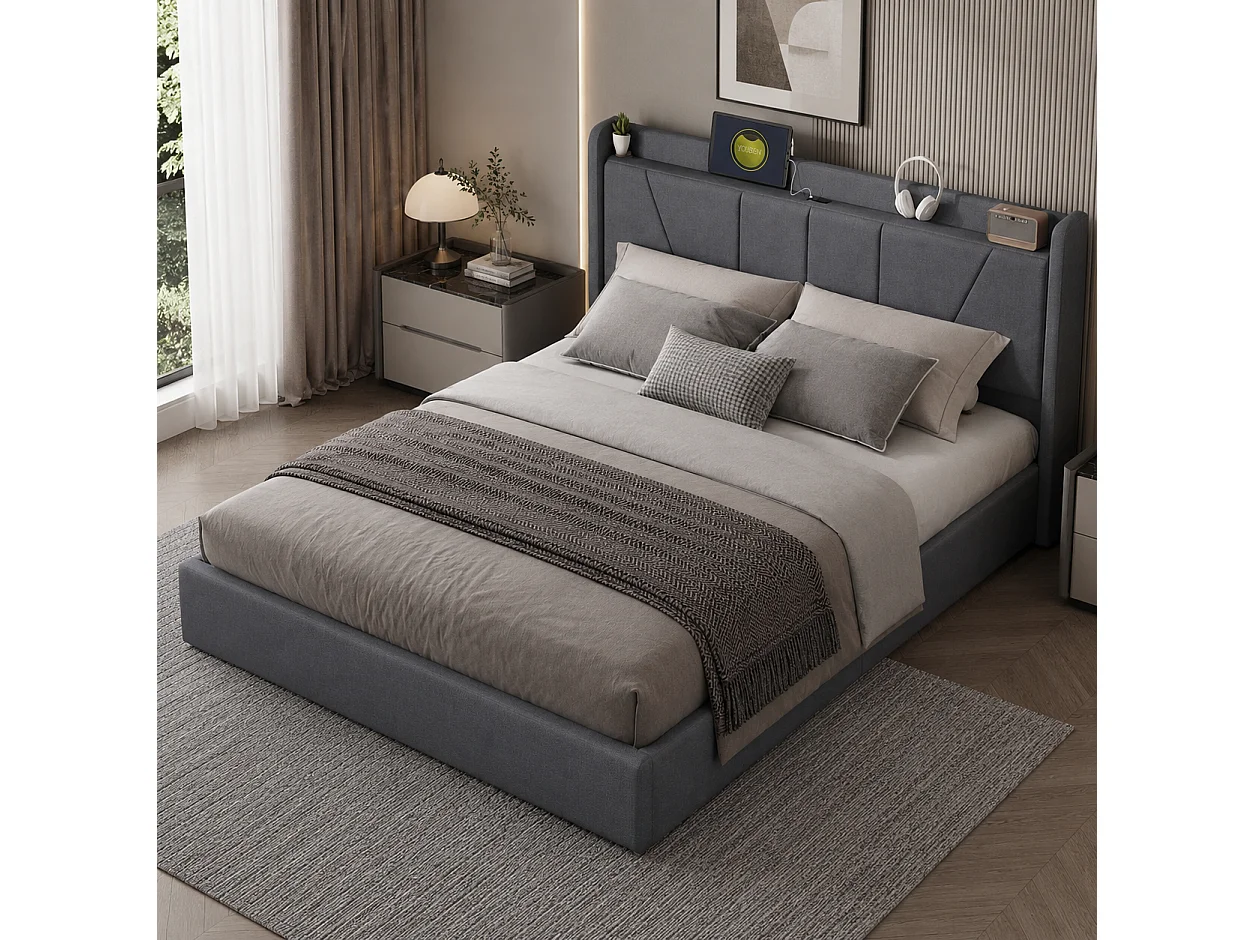 Lit Coffre 140x200 cm avec Rangement, Lit Double Rembourré avec Port 2 USB de Type C, Cadre de LIt adulte avec sommier à Lattes, Tête de Lit, Gris