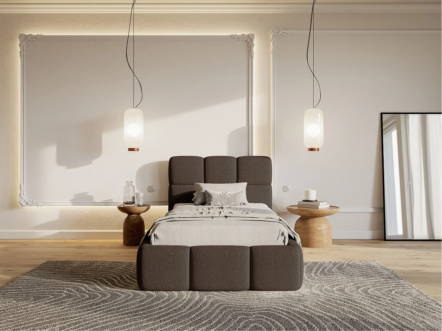 Lit rembourré 90x200 – avec coffre – Bouclé Marron – CLOUDY