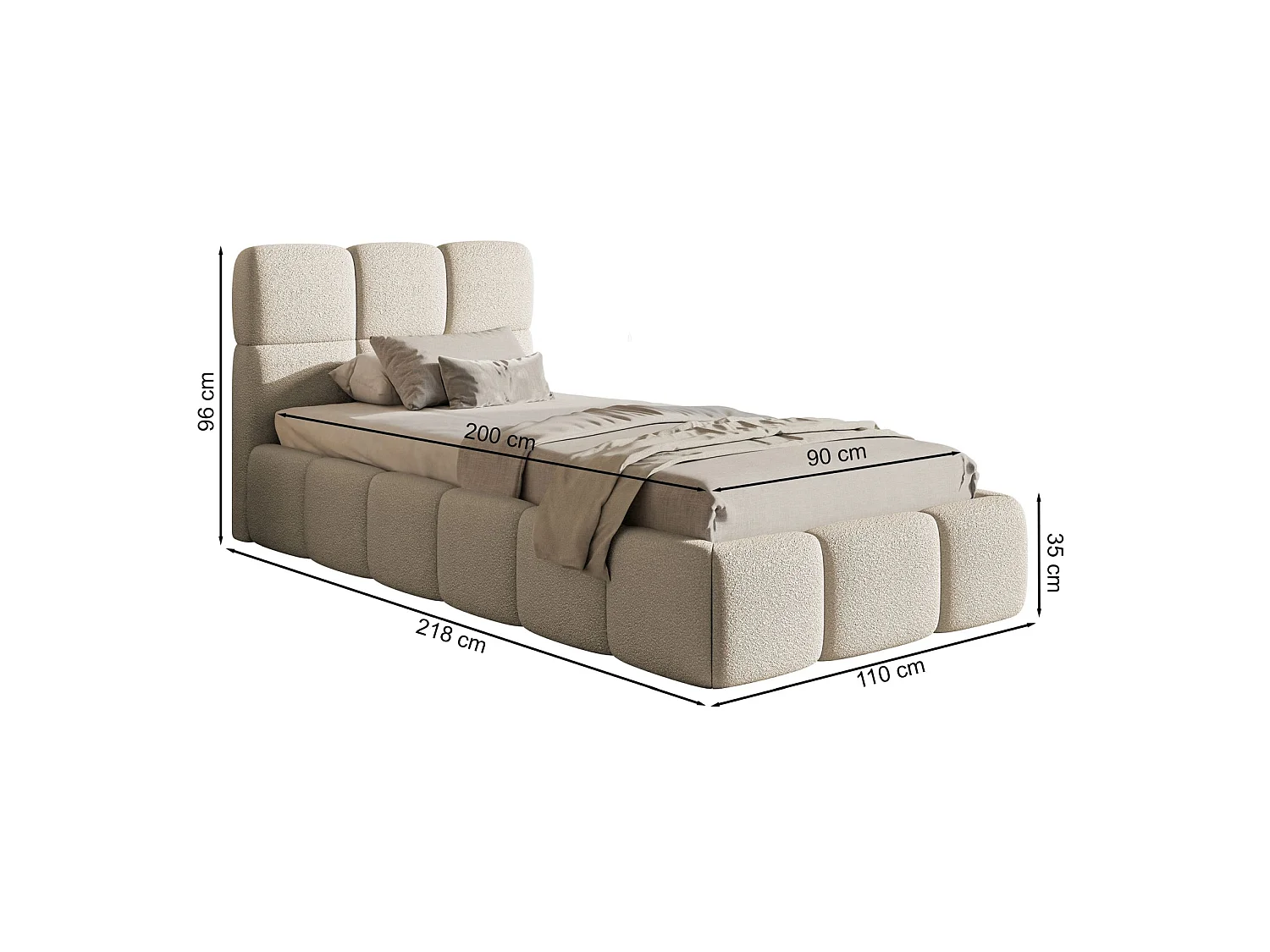 Lit rembourré 90x200 – avec coffre – Bouclé Marron – CLOUDY