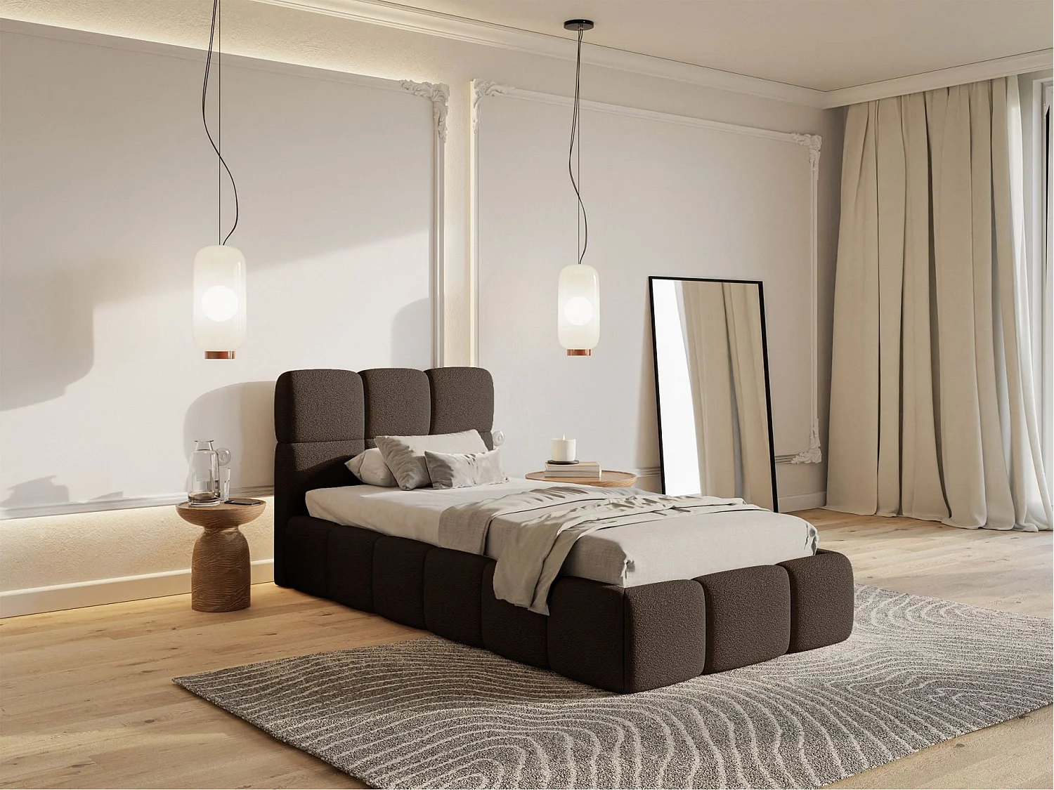 Lit rembourré 90x200 – avec coffre – Bouclé Marron – CLOUDY