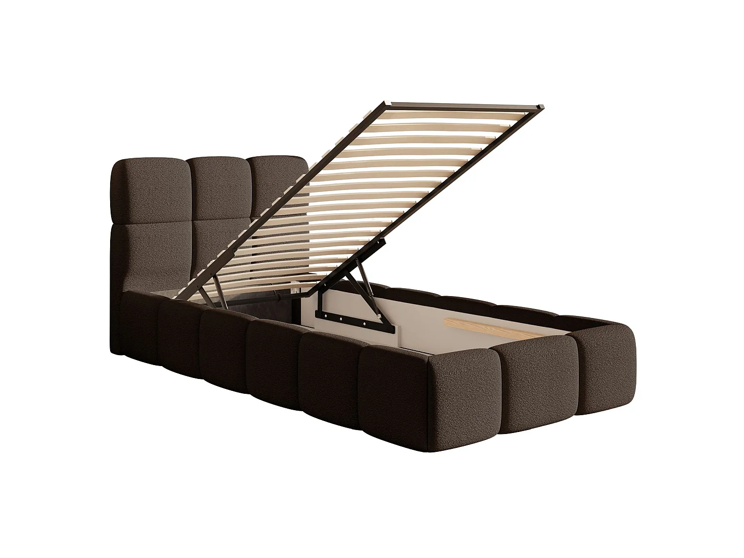 Lit rembourré 90x200 – avec coffre – Bouclé Marron – CLOUDY