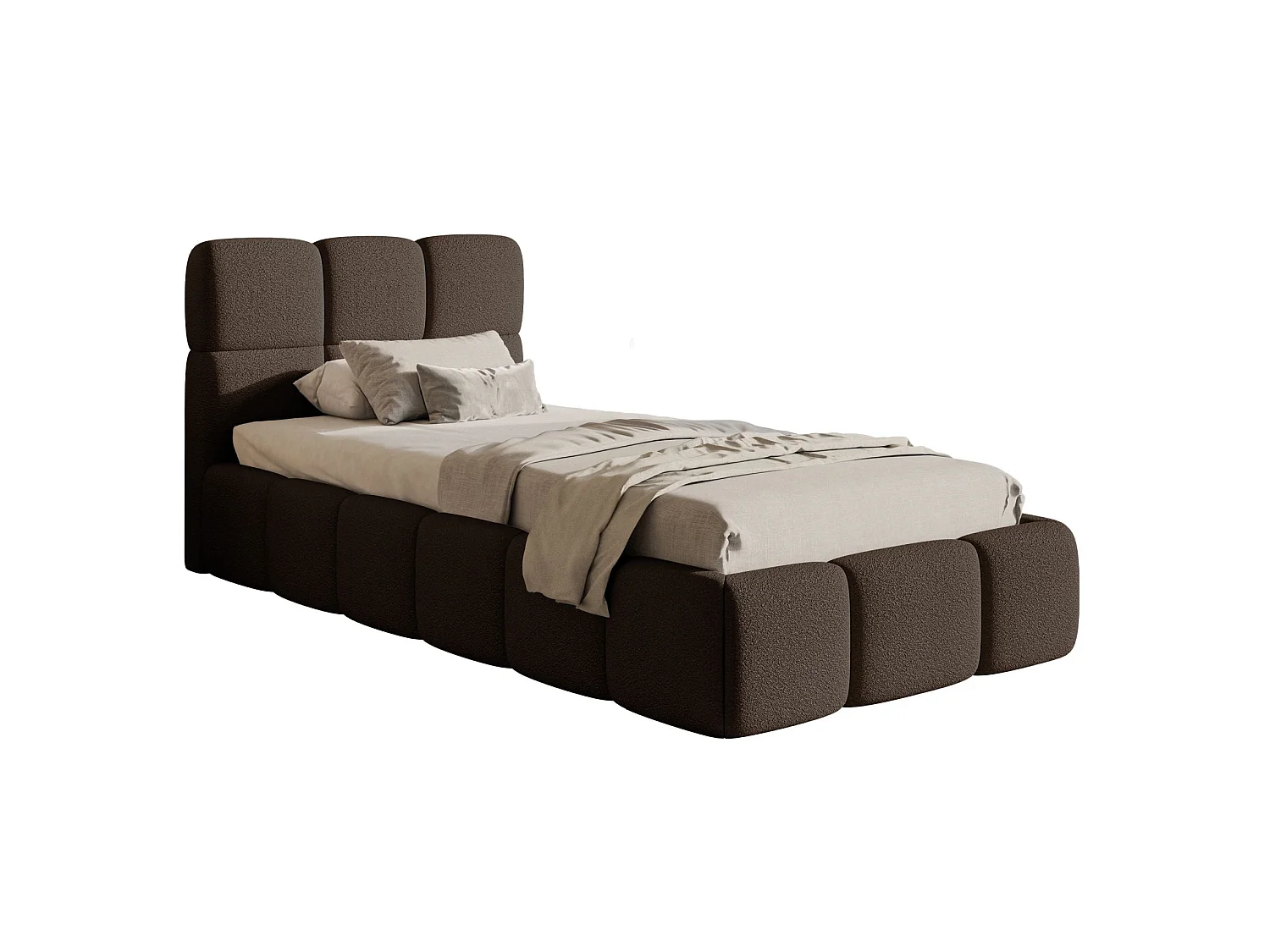 Lit rembourré 90x200 – avec coffre – Bouclé Marron – CLOUDY