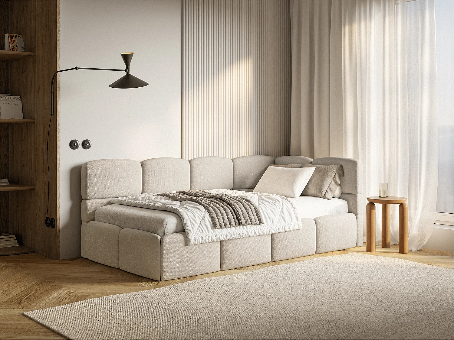 Tienerbed 120x200 – bouclé – crème – links – CLOUDY