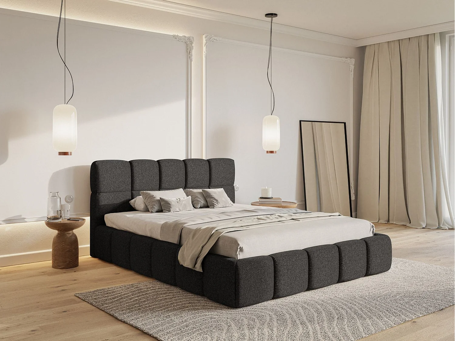 Lit rembourré 120x200 – avec coffre – Chenille Graphite – Cloudy