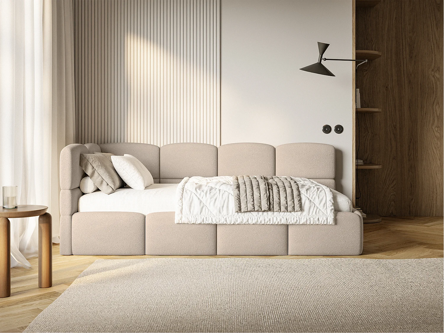 Jugendbett 120x200 Kopfteil links – Matratze & Stauraum – Chenille Beige – CLOUDY