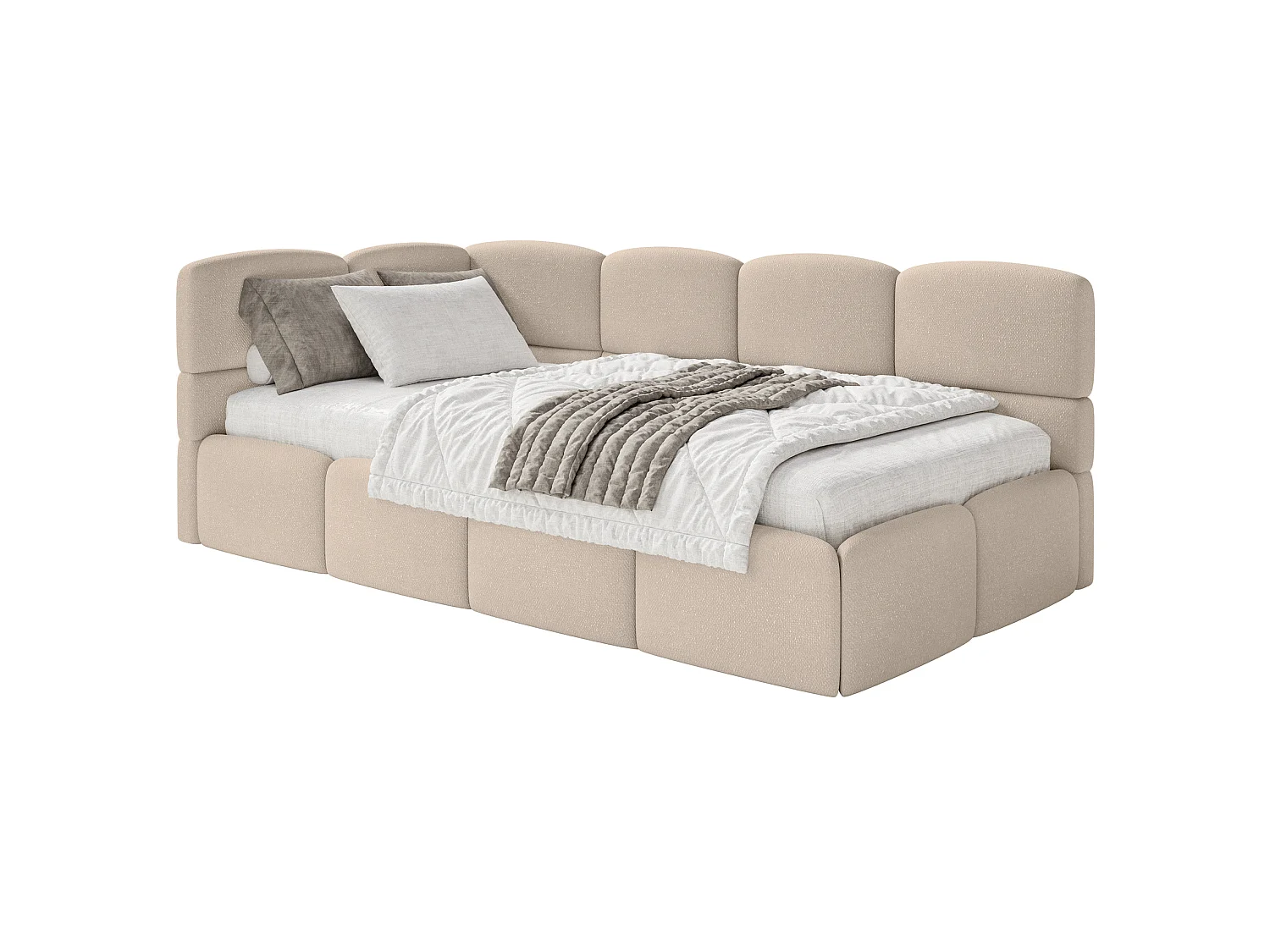 Jugendbett 120x200 Kopfteil links – Matratze & Stauraum – Chenille Beige – CLOUDY