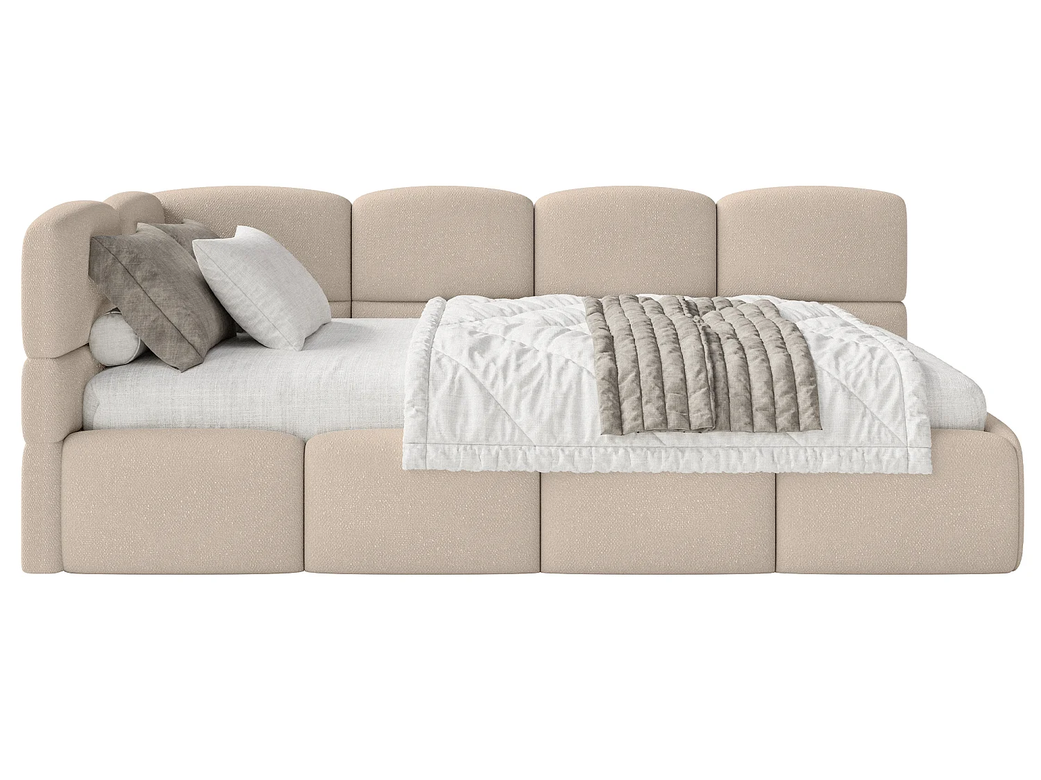 Jugendbett 120x200 Kopfteil links – Matratze & Stauraum – Chenille Beige – CLOUDY