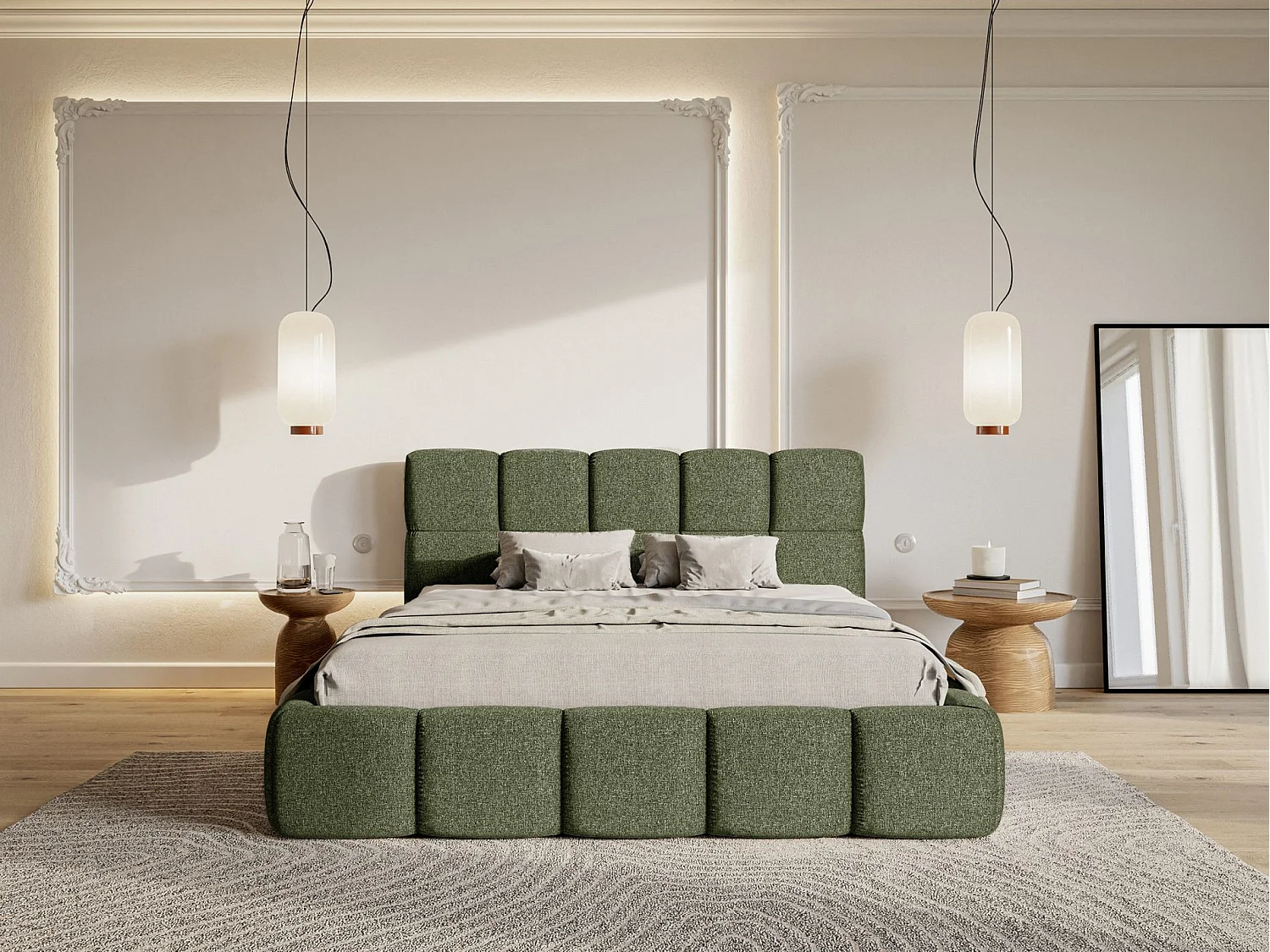 Lit rembourré 120x200 – avec coffre – Chenille Vert olive – Cloudy