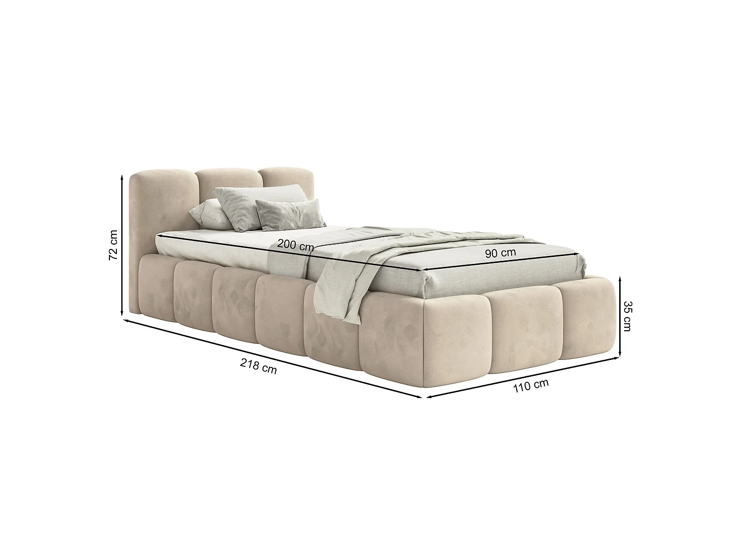 Lit rembourré 90x200 – Velours Beige gris – CLOUDY LOW