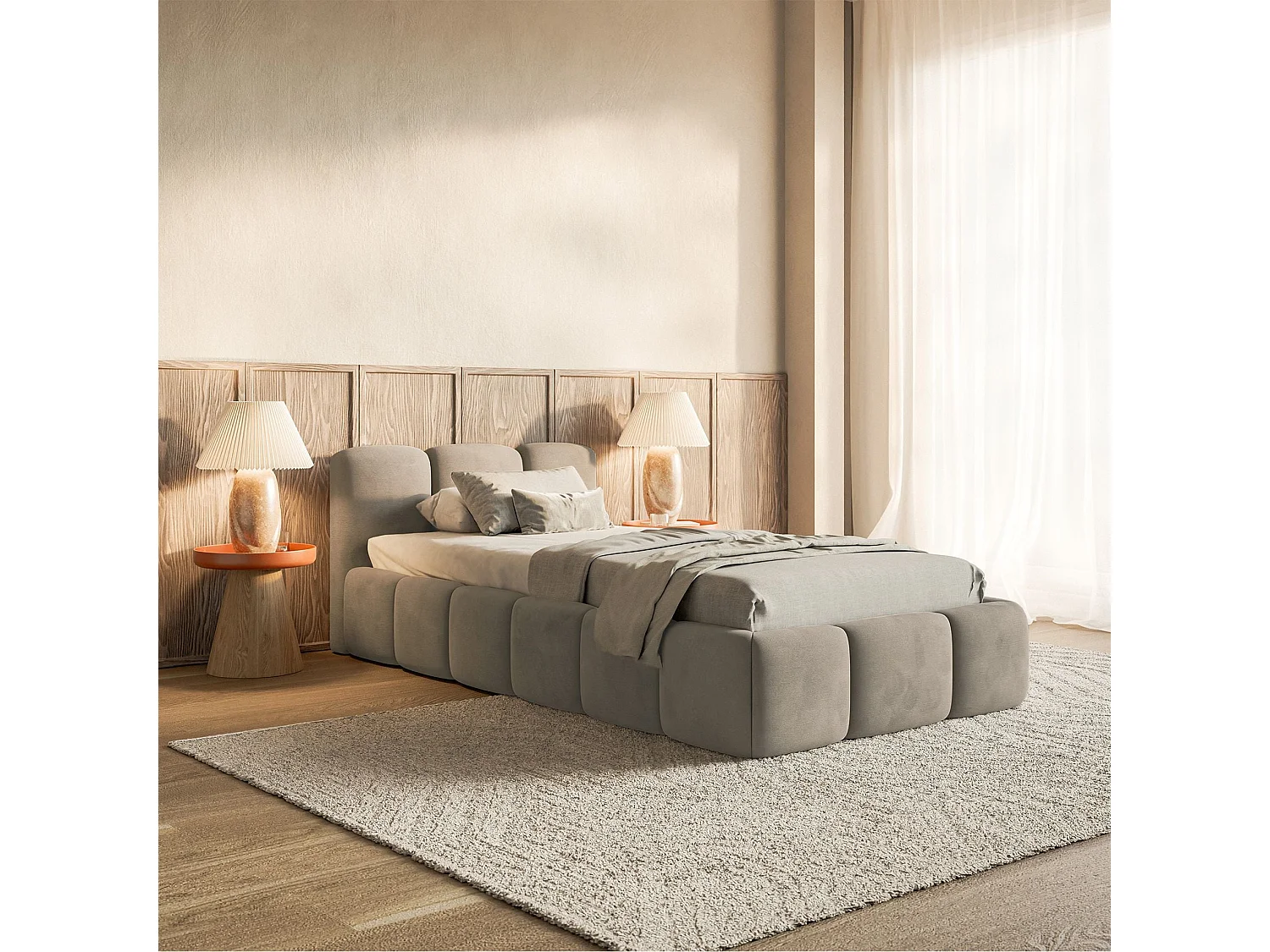 Gestoffeerd bed 90x200 cm – Fluweel Grijsbeige – CLOUDY LOW