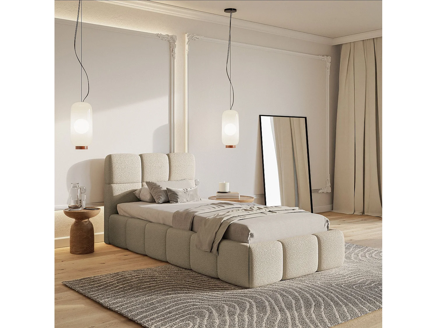 Lit rembourré 90x200 – avec coffre – Bouclé Beige clair – CLOUDY