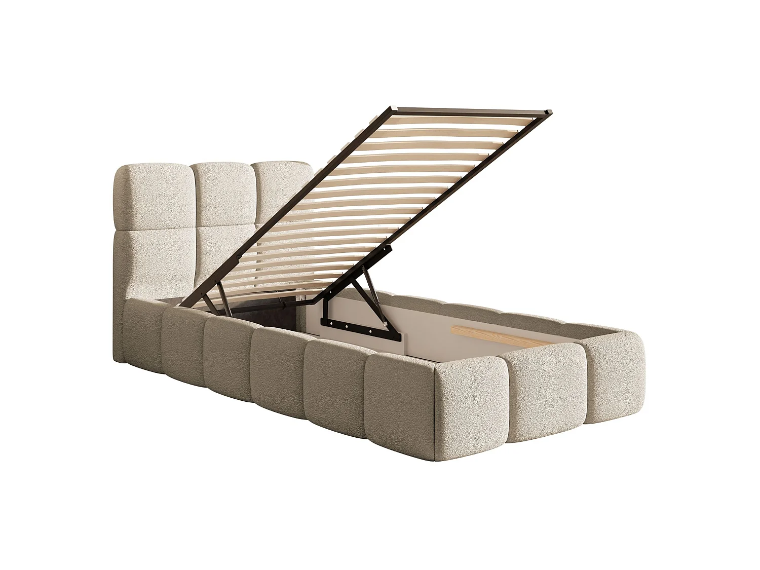 Lit rembourré 90x200 – avec coffre – Bouclé Beige clair – CLOUDY