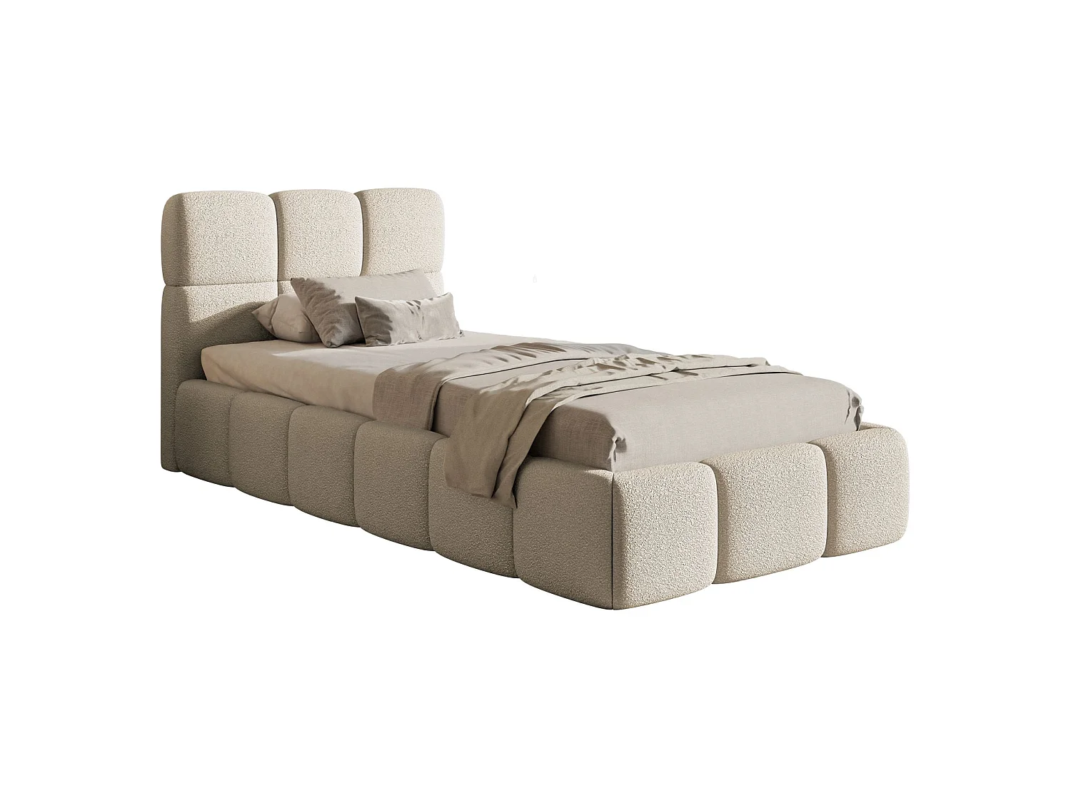 Lit rembourré 90x200 – avec coffre – Bouclé Beige clair – CLOUDY