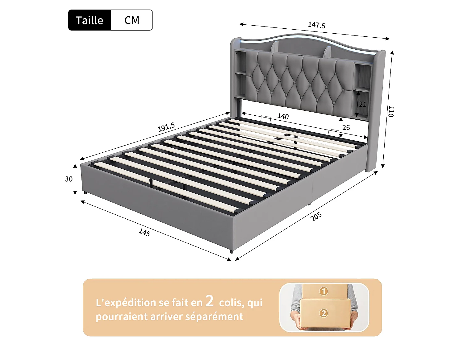 Lit Coffre 140x190 cm, Lit Double en Velours avec Éclairage LED, Prises USB/Type-C, Rangement Hydraulique, Lit adulte avec sommier à lattes, Gris