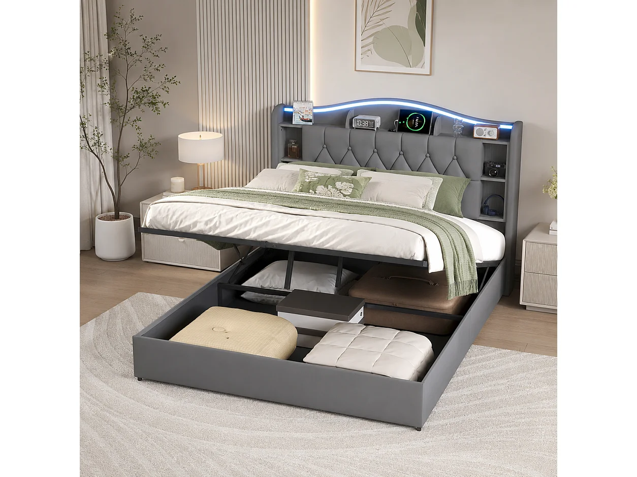 Lit Coffre 140x190 cm, Lit Double en Velours avec Éclairage LED, Prises USB/Type-C, Rangement Hydraulique, Lit adulte avec sommier à lattes, Gris