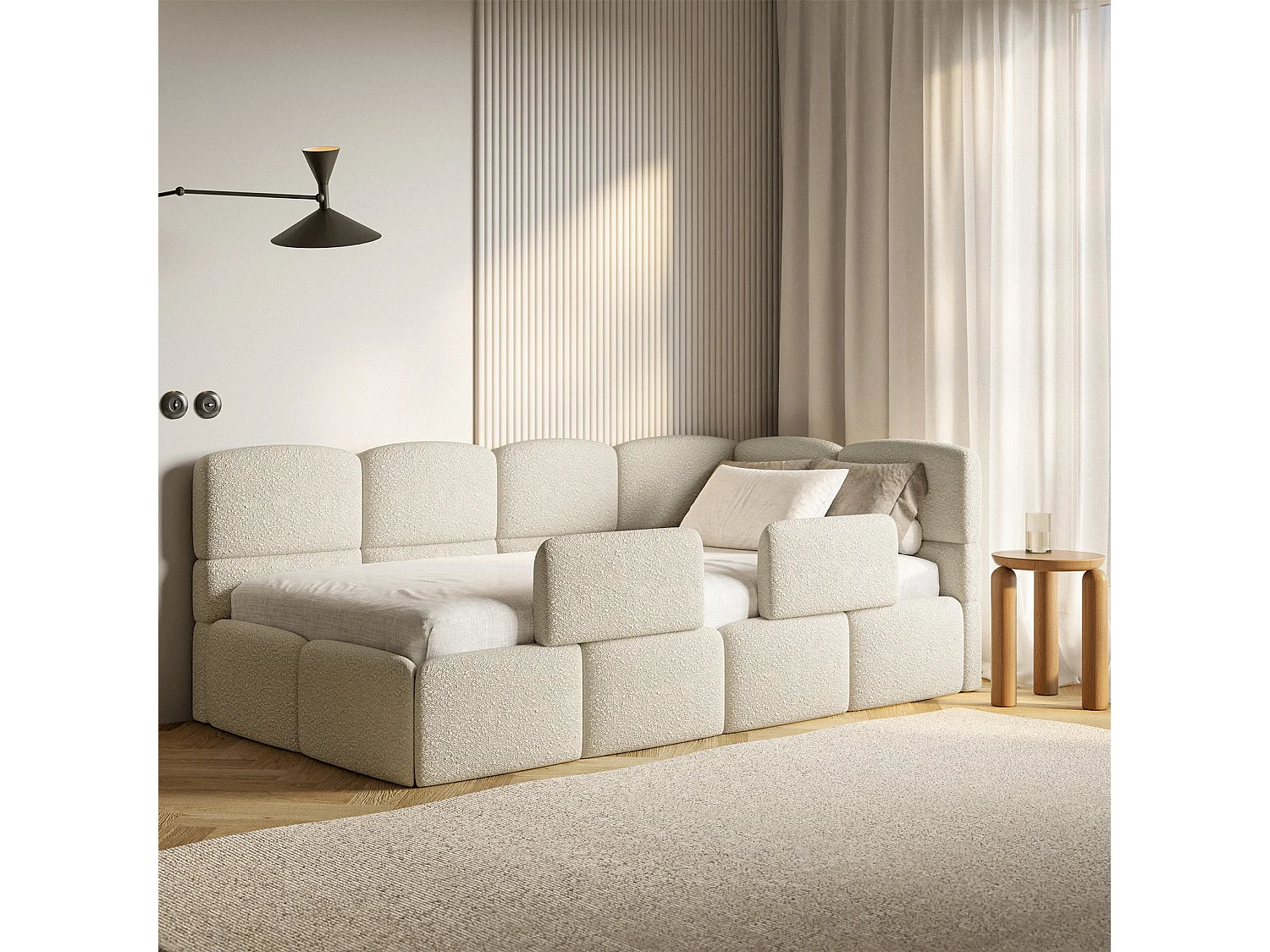 Lit enfant 120x200 cm – tête de lit à droite – 2 barrières – bouclé beige clair – CLOUDY