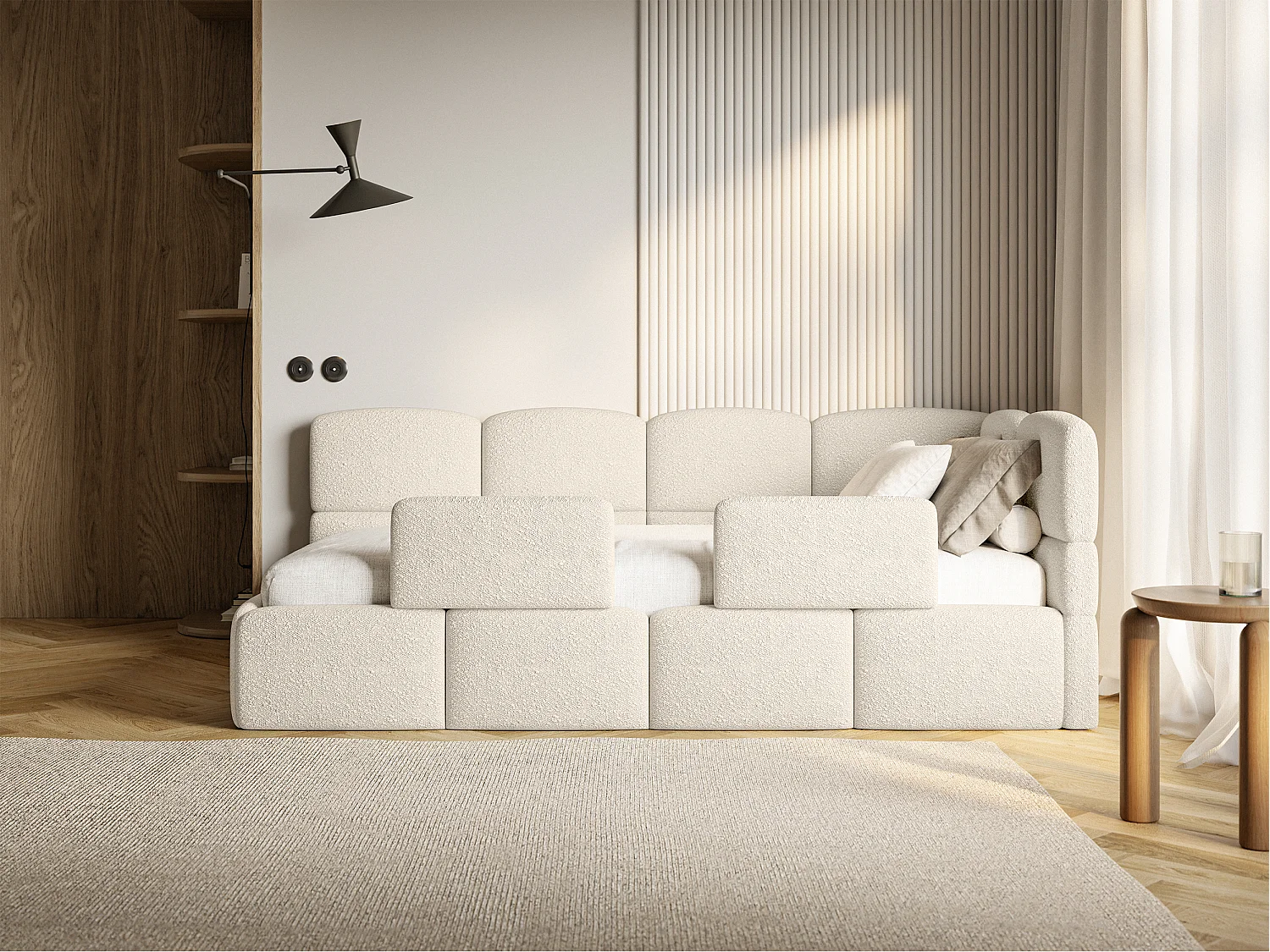 Lit enfant 120x200 cm – tête de lit à droite – 2 barrières – bouclé beige clair – CLOUDY
