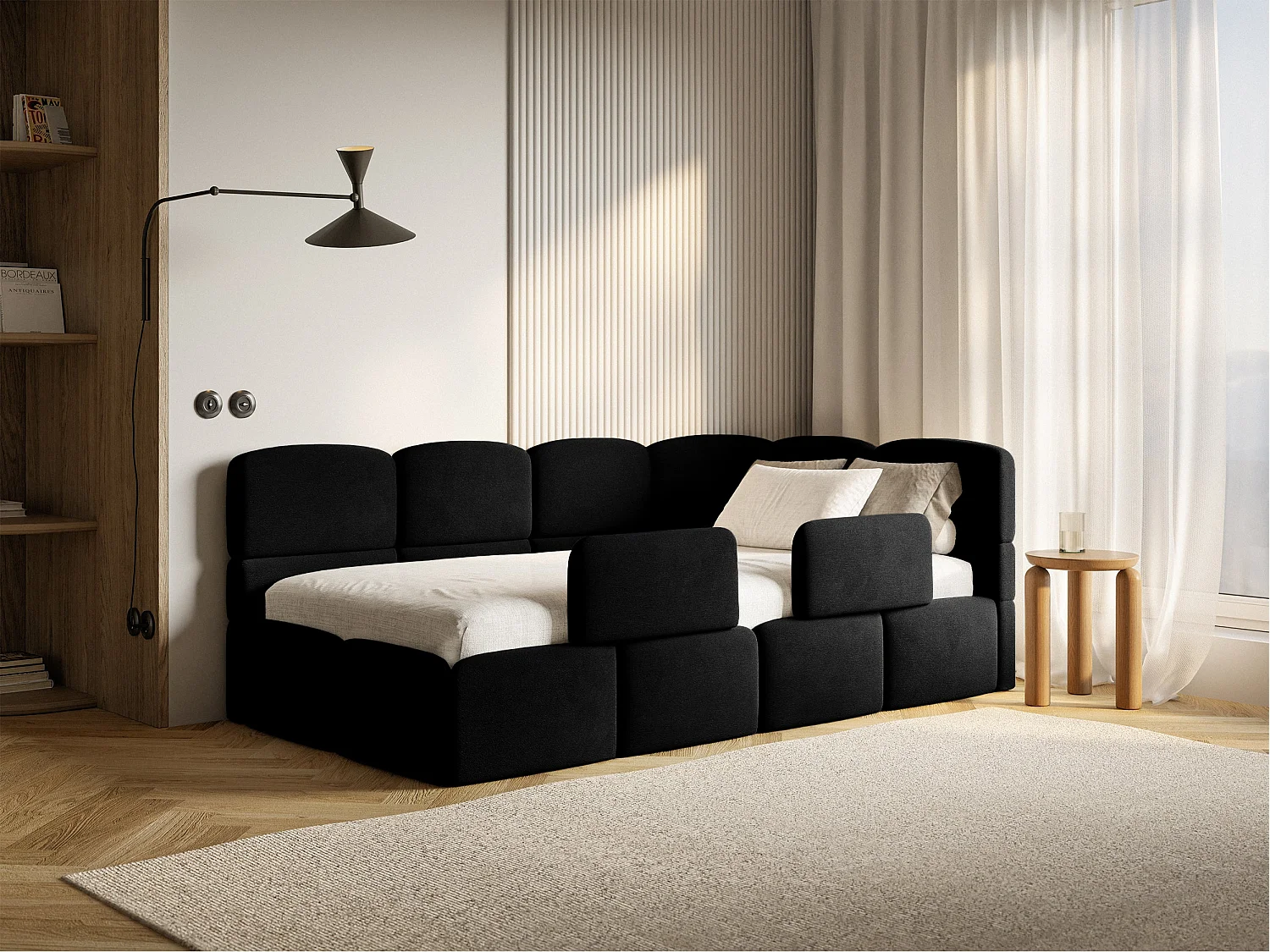 Lit enfant 120x200 cm – tête de lit à droite – matelas & coffre de rangement – velours noir – CLOUDY