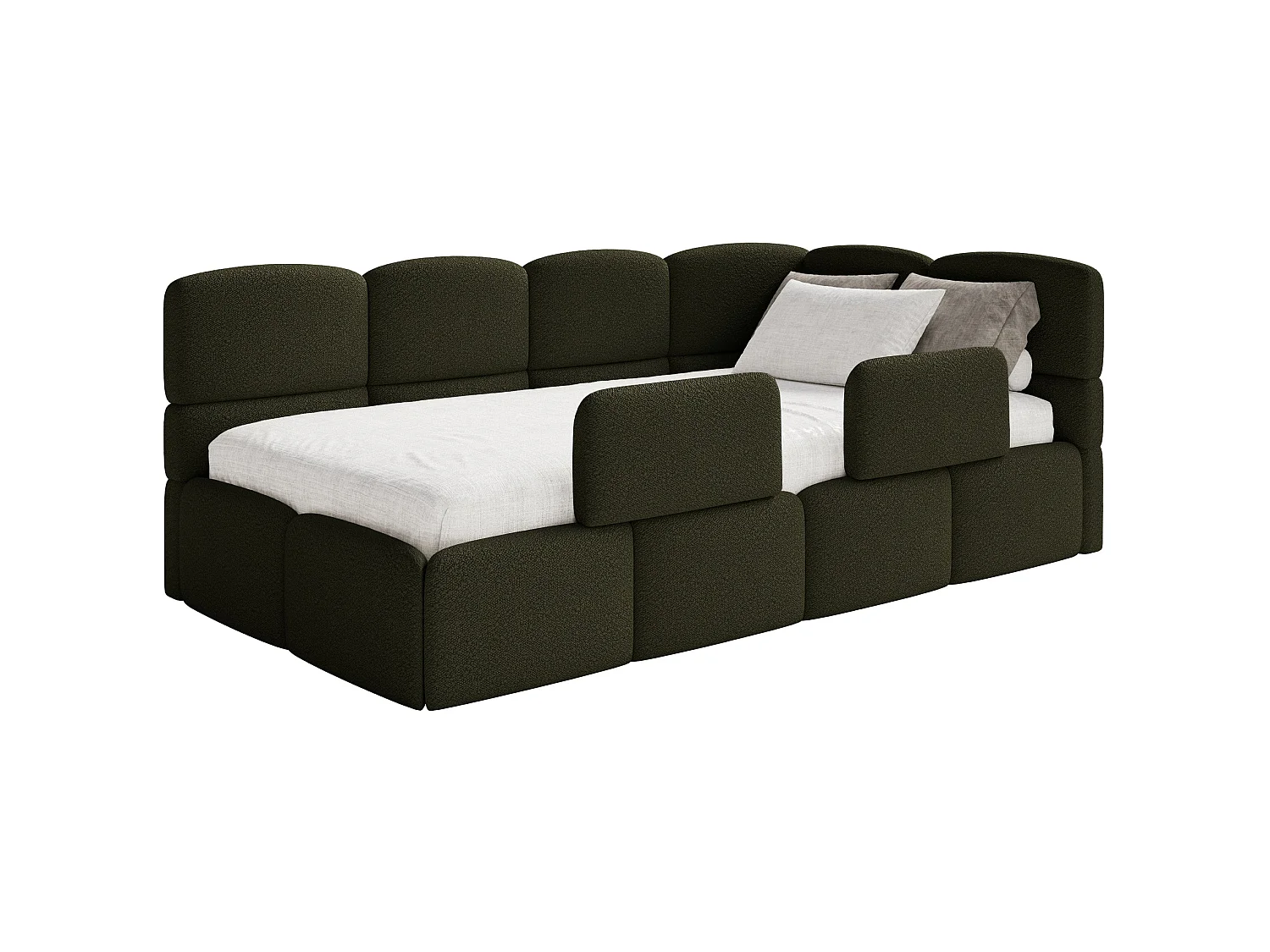 Lit enfant 120x200 cm – tête de lit à droite – 2 barrières – bouclé vert olive – CLOUDY