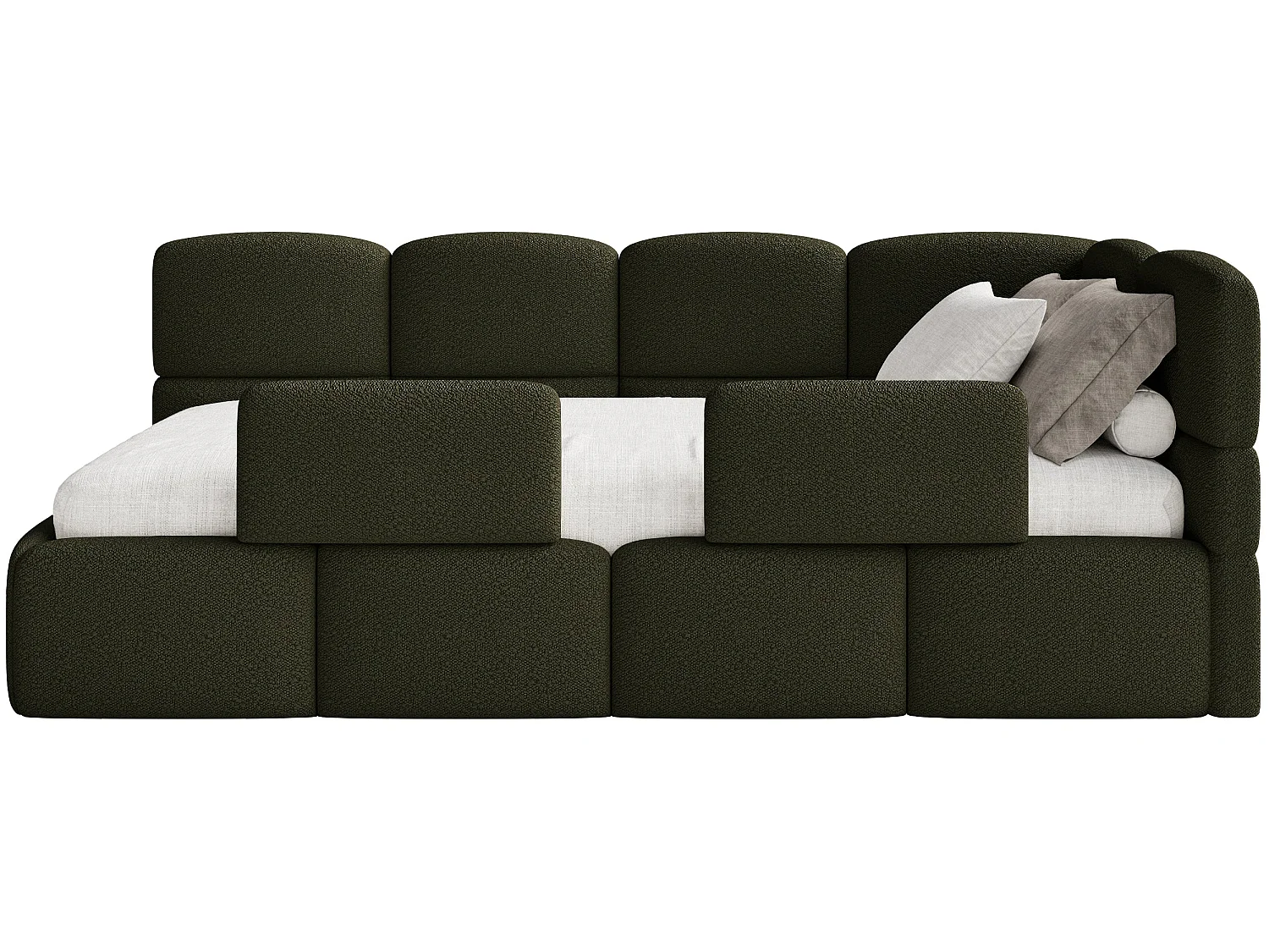Lit enfant 120x200 cm – tête de lit à droite – 2 barrières – bouclé vert olive – CLOUDY