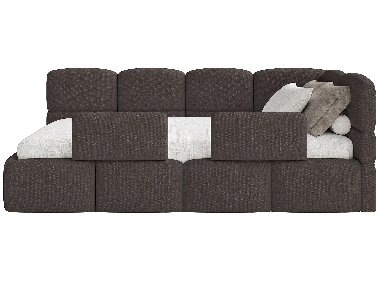 Kinderbett 120 cm – Bettkasten – 2x Rausfallschutz – Chenille – rechts – Braun – CLOUDY