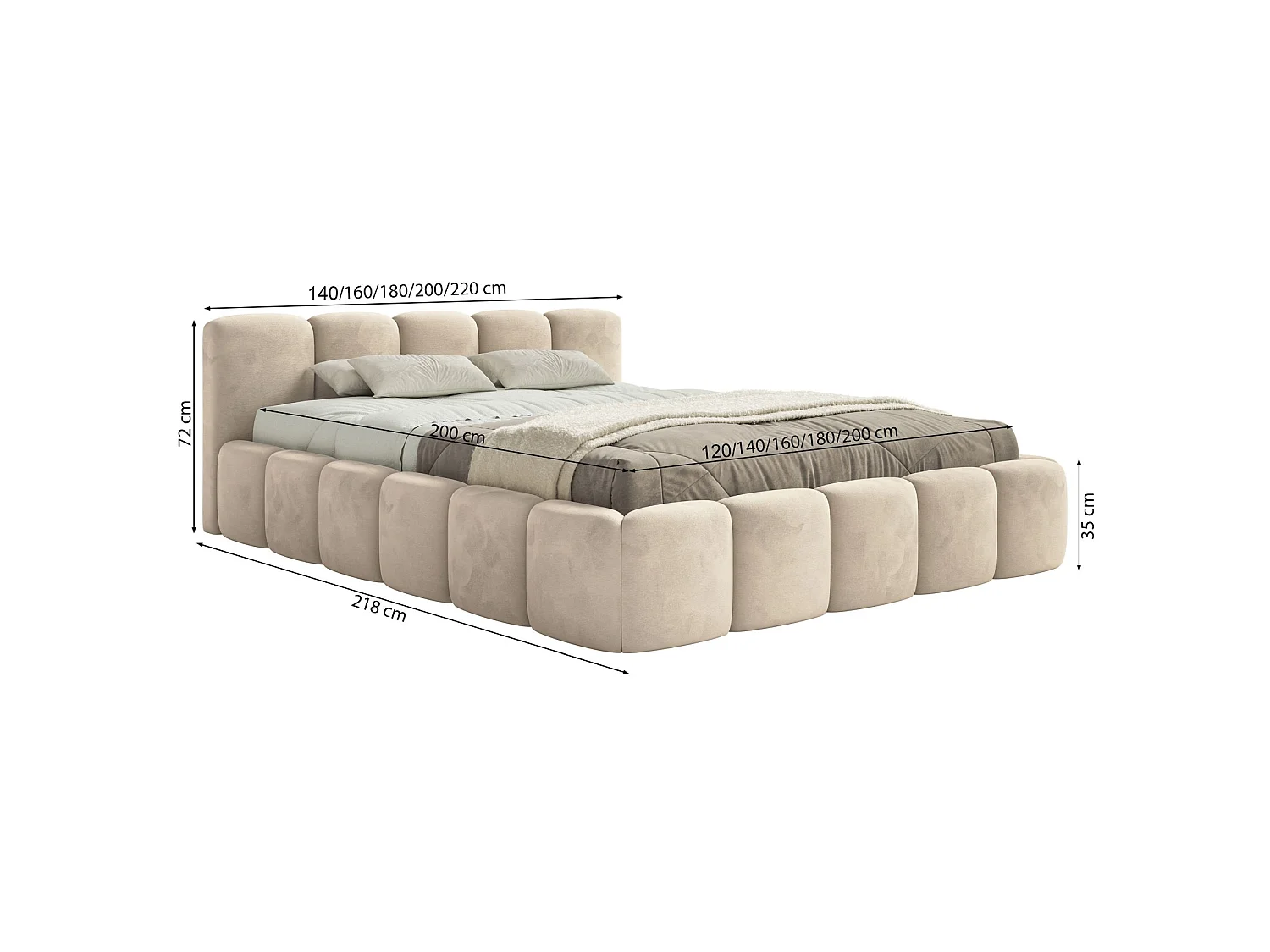 Lit rembourré 120x200 – Velours Gris clair – CLOUDY LOW
