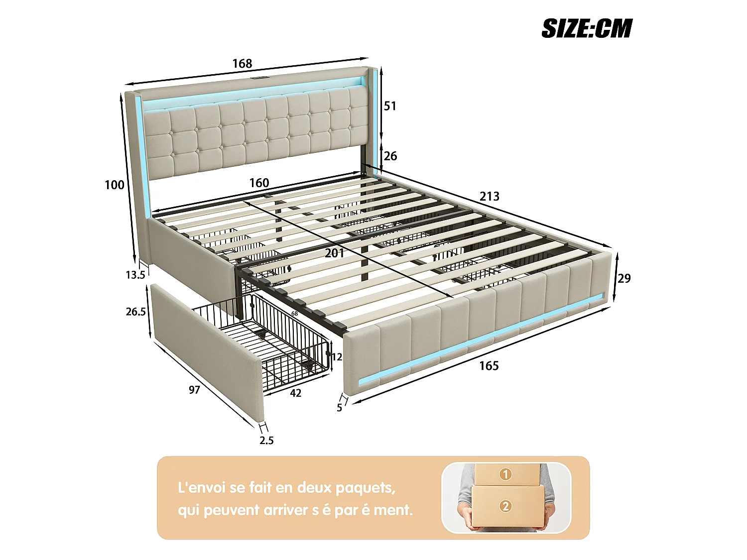 Lit Double 160x200 cm avec LED et USB, Lit Coffre avec 4 Tiroirs Rangement et Tête de lit rembourrée, Lit avec Sommier à Lattes, Lits 2 Personnes, Lin Beige