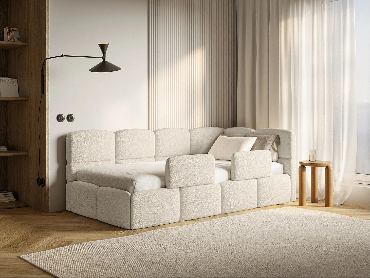 Lit enfant 120x200 cm – tête de lit à droite – matelas & coffre de rangement – bouclé beige clair – CLOUDY