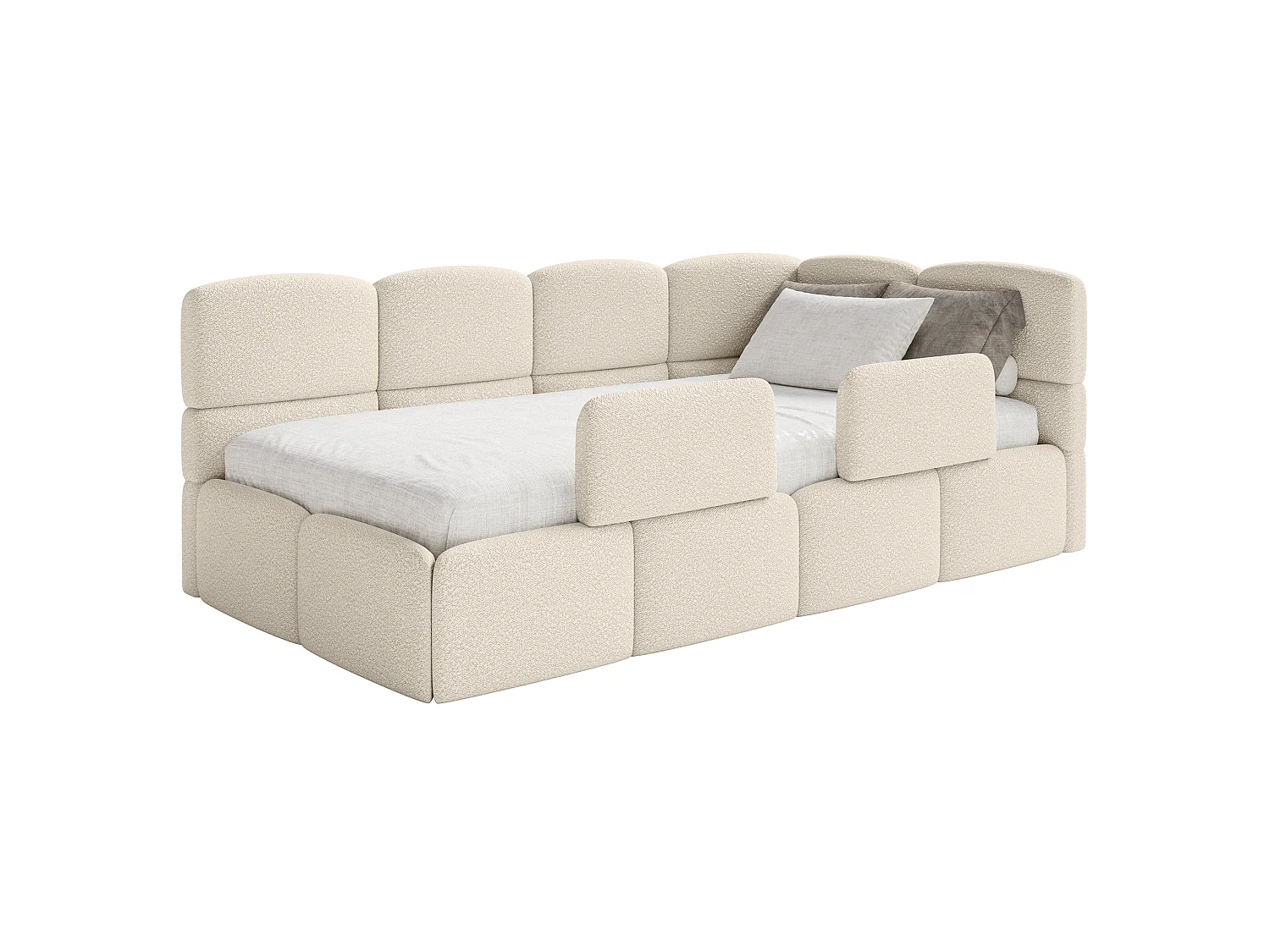 Lit enfant 120x200 cm – tête de lit à droite – matelas & coffre de rangement – bouclé beige clair – CLOUDY