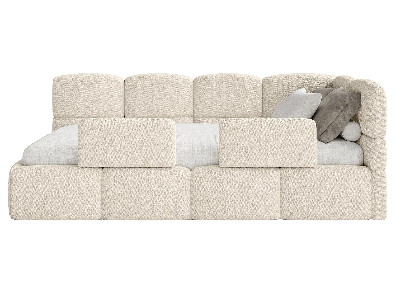 Lit enfant 120x200 cm – tête de lit à droite – matelas & coffre de rangement – bouclé beige clair – CLOUDY