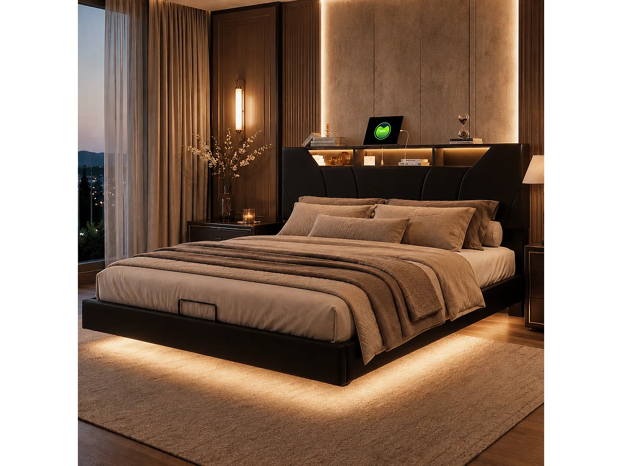 Lit Coffre 140x200cm, Lit Double avec tête de lit en PU Moderne, Grand Espace de Rangement hydraulique, Ports Recharge USB, éclairage LED, PU