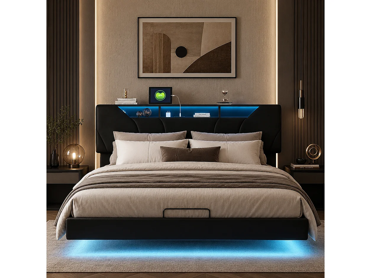 Lit Coffre 140x200cm, Lit Double avec tête de lit en PU Moderne, Grand Espace de Rangement hydraulique, Ports Recharge USB, éclairage LED, PU